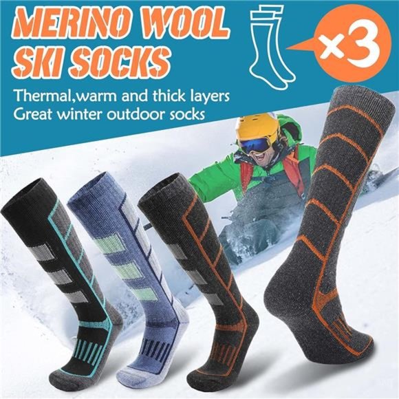 3 Pairs Men's Merino Wool Ski Thermal Warm Thick Knee High Socks, Gray & Blue - Picture 2 of 6